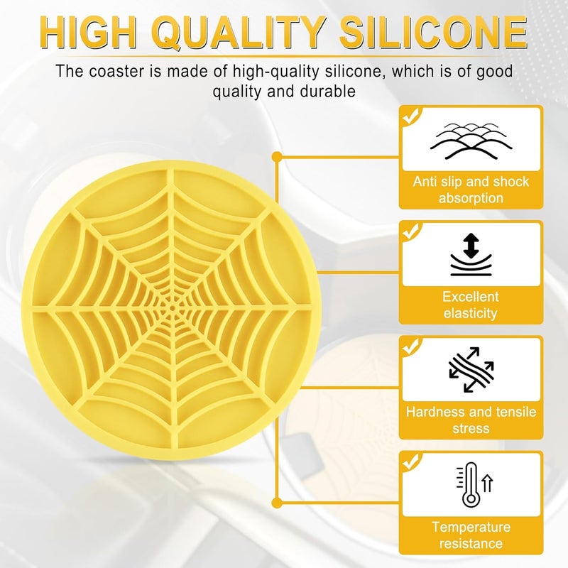 alpmosn 4PCS Spider Web Car Cup Holders, Halloween Non-Slip Silicone Insert Coasters, Automotive Cupholder Goth Accessories for Men & Women (Yellow) - Image 3